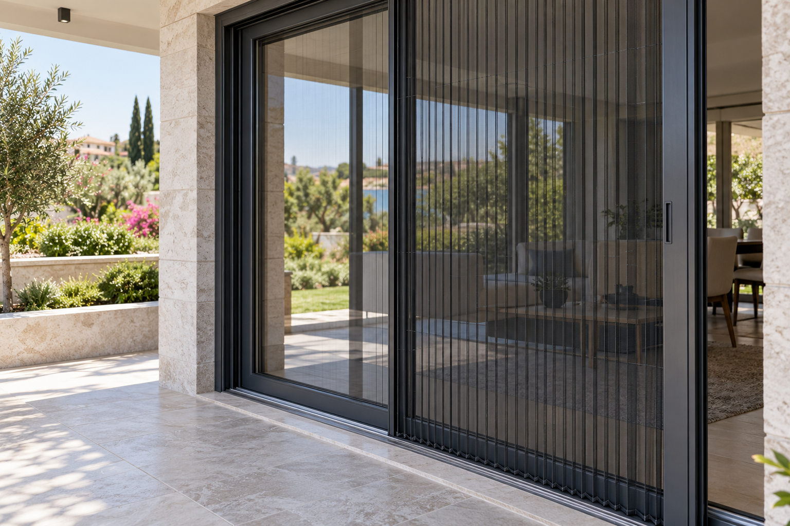 Balkon kapısında antrasit pliseli modern sineklik uygulaması